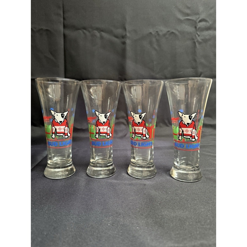 Vintage 1987 Bud Light Spuds MacKenzie Set of 4 Tall Beer Glasses Holiday